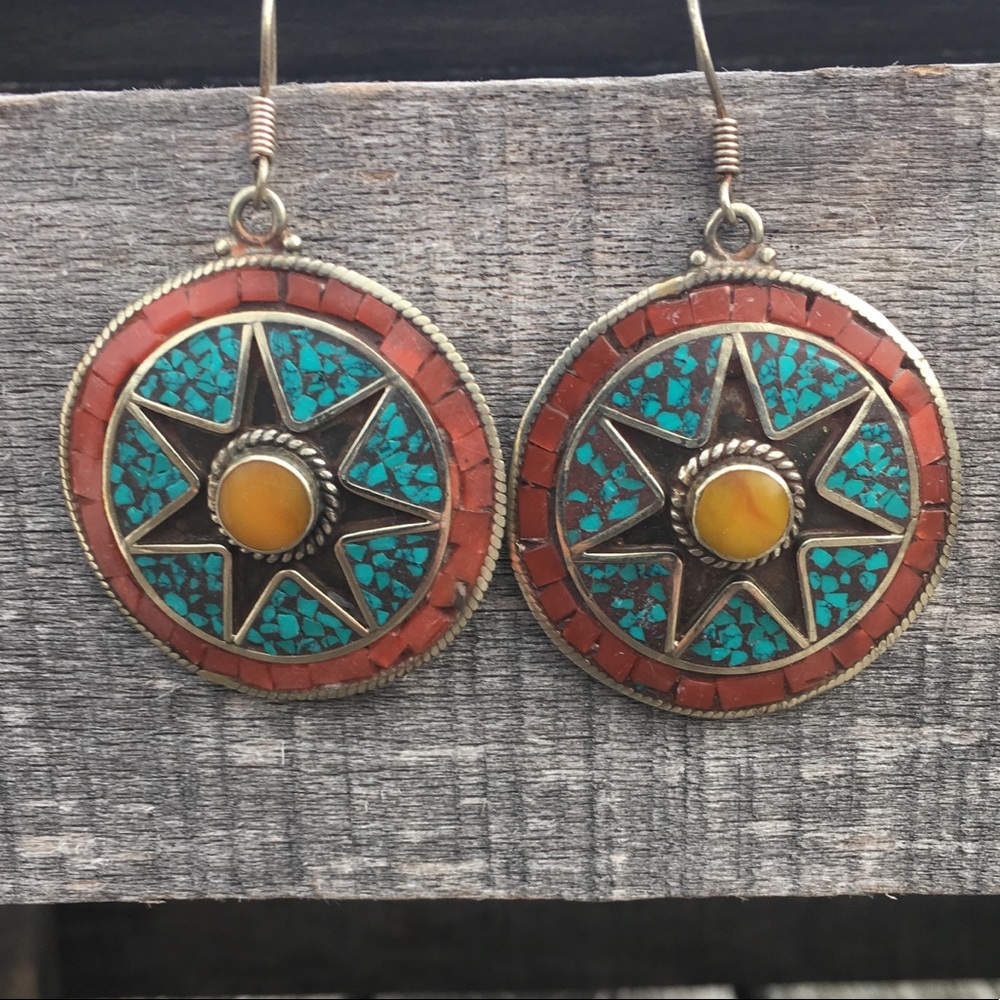 Tibetan Coral Turquoise Cateye Round Earrings! NEW!